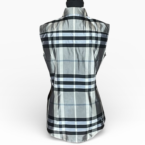 BURBERRY TRADITIONAL PLAID GREY BLACK WHITE PATTERN SLEEVELESS BUTTON DOWN (6) - Picture 4 of 6